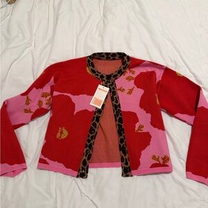 Red and Pink Cardigan with Leopard Trim
